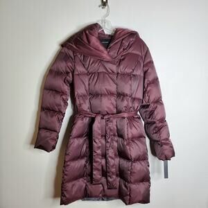 Tahari Women’s Down Puffer Coat Jacket Size S Belted Hooded Long Winter Chic